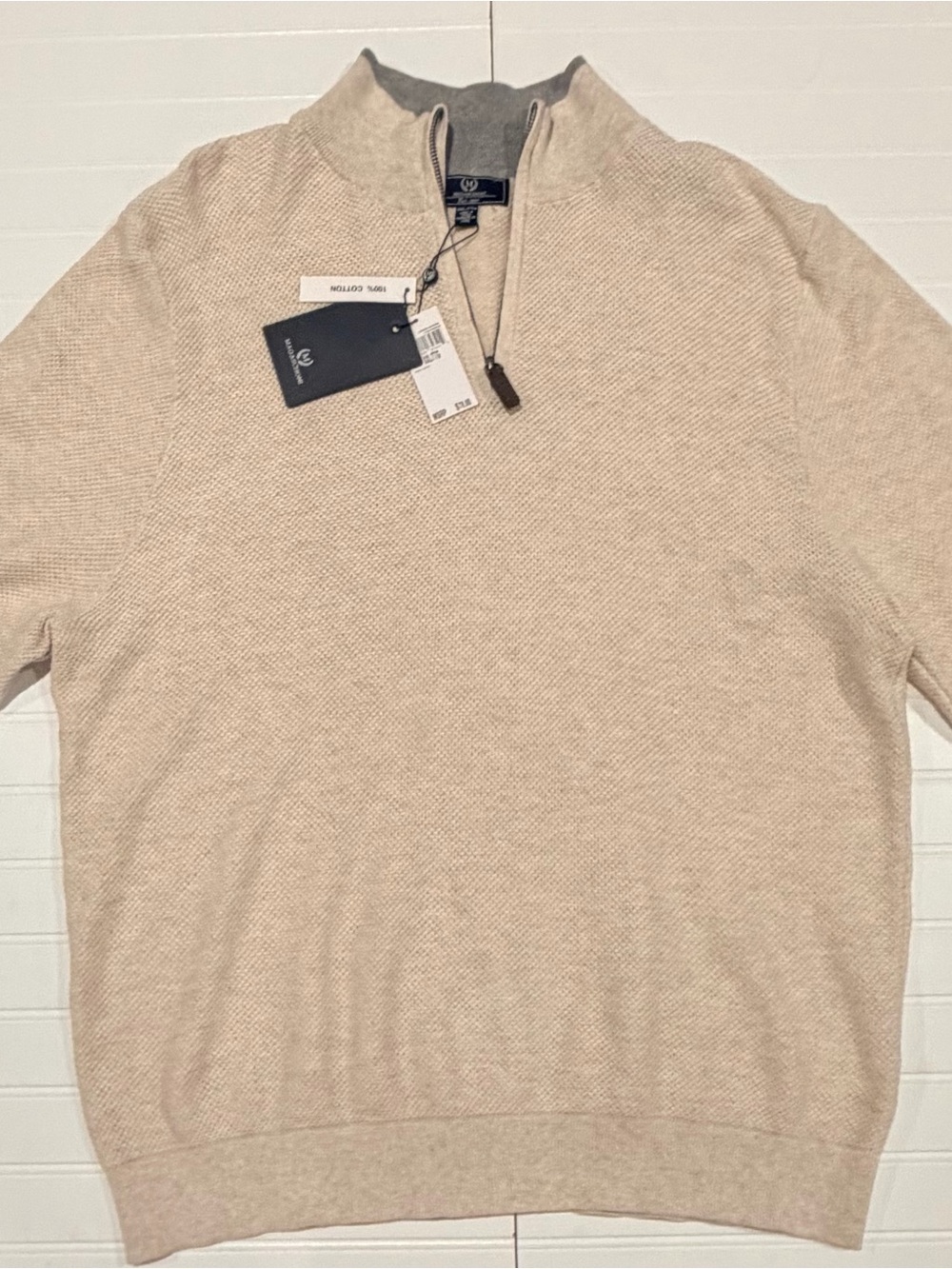 NWT Magaschoni Men's 100% Cotton Quarter-Zip Sweater Oatmeal XXL